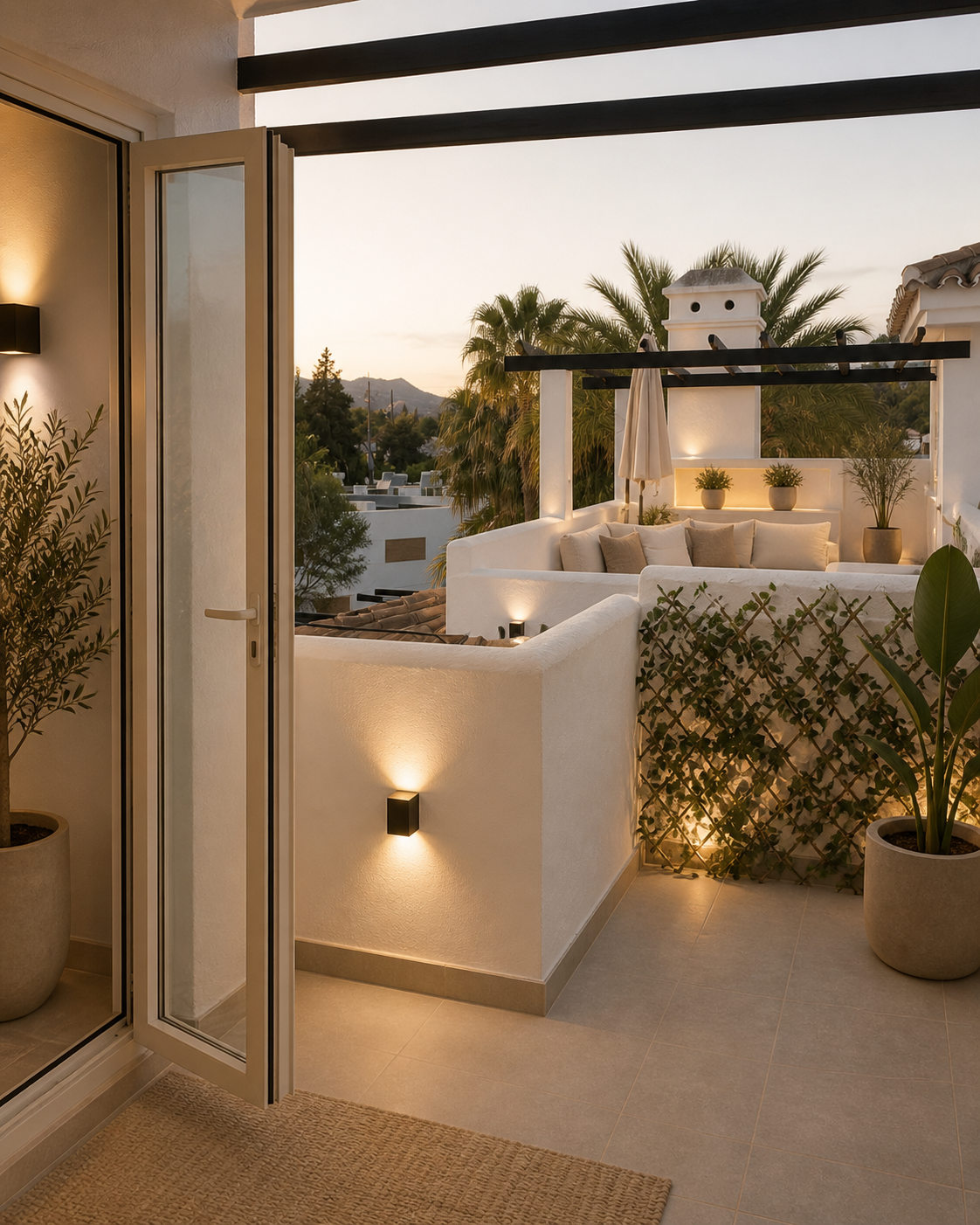 Terrace at dusk with pergola, palms and warm lighting