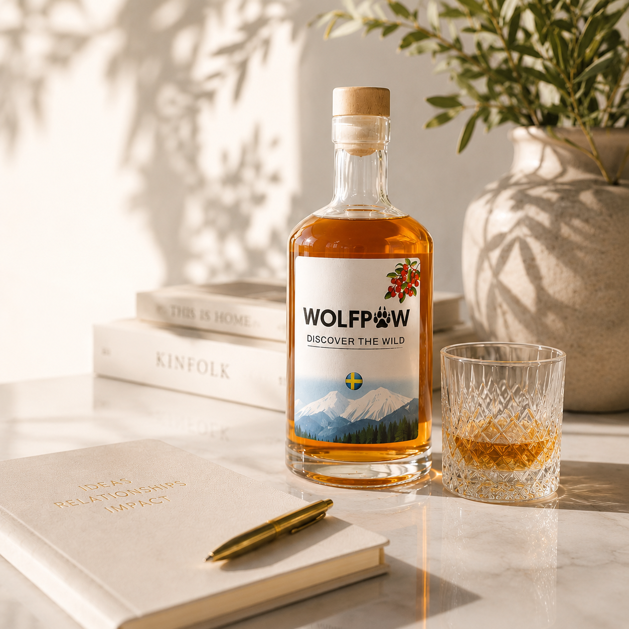 WolfPaw bottle on a marble table in soft daylight