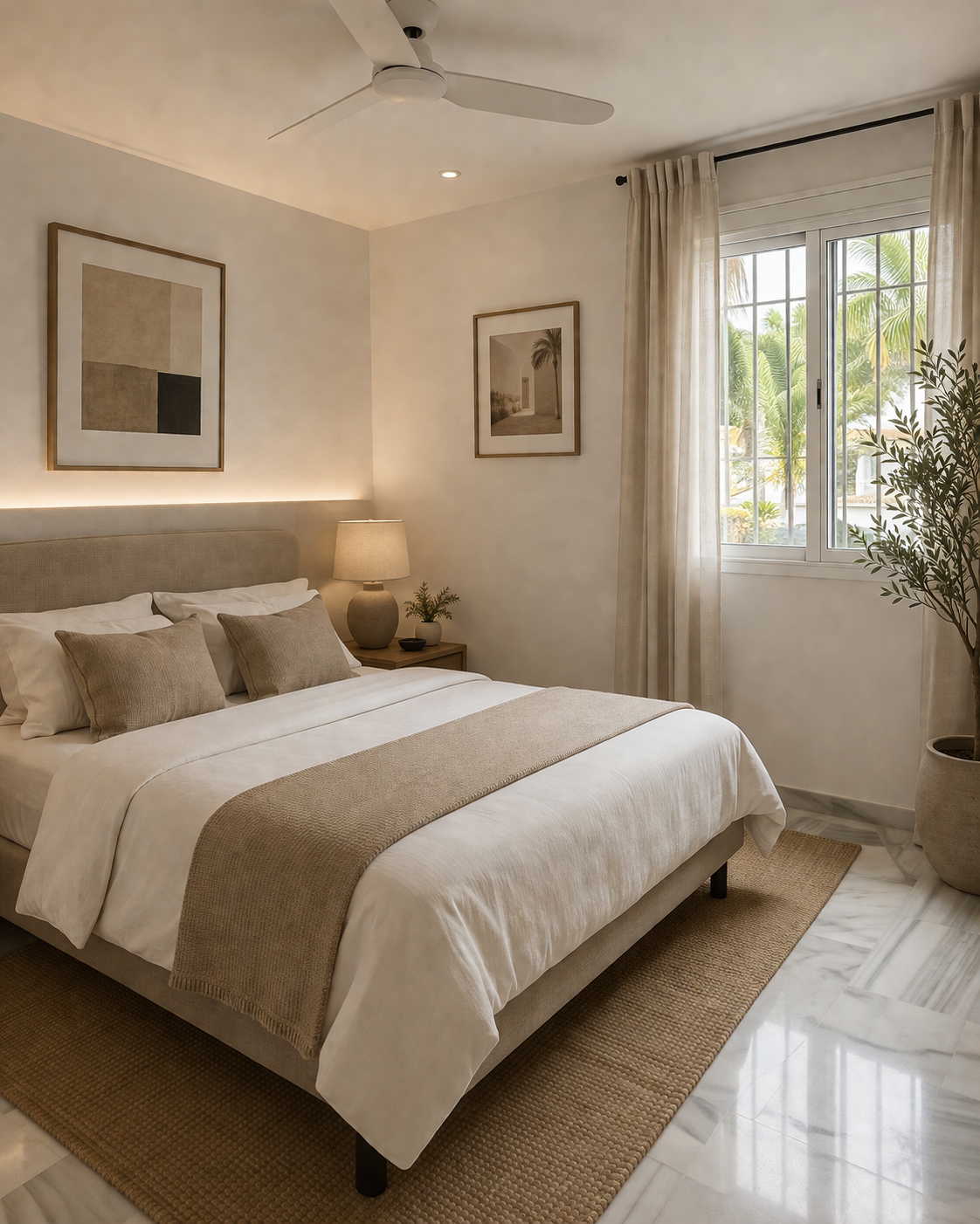 Serene bedroom in warm neutral tones with soft morning light